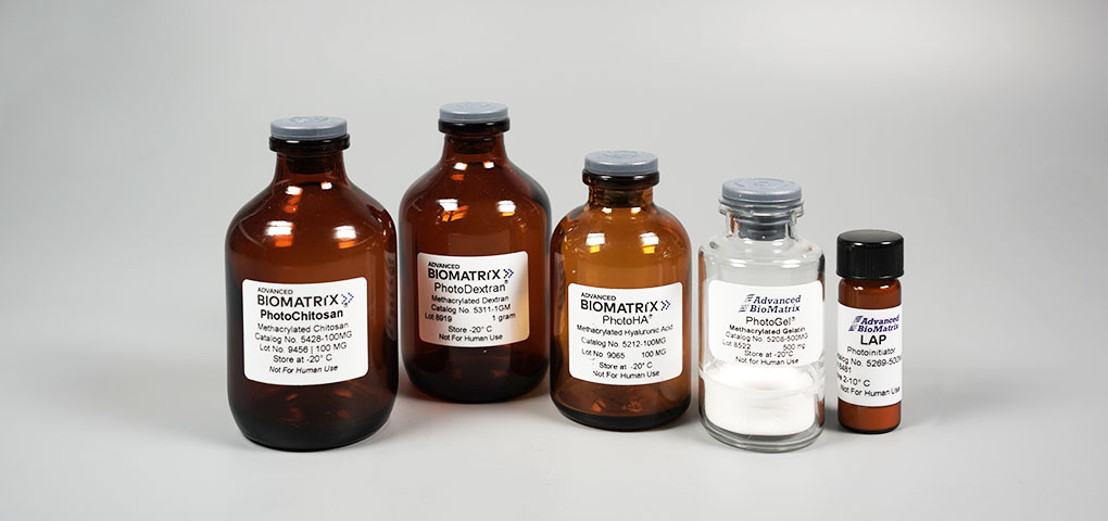 Advanced BioMatrix hydrogels suitable for Two-Photon Polymerization based high-resolution 3D printing from left to right: PhotoChitosan, PhotoDextran, PhotoHA-Stiff, PhotoGel. 