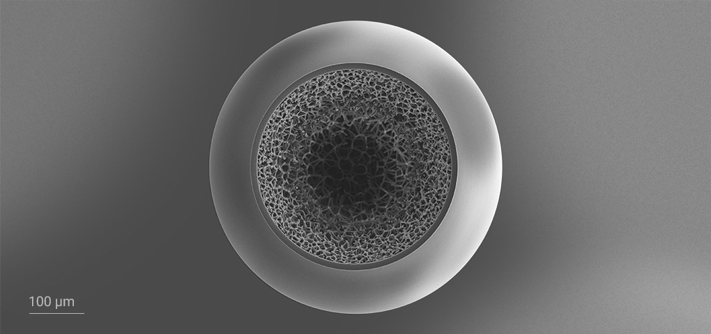 直径 550 µm、由固体外壳包裹的泰森多边形 (Voronoi) 梯度密度泡沫结构
