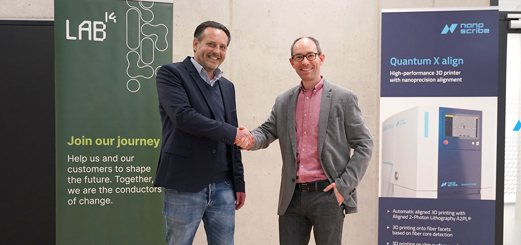 Martin Wynaendts van Resandt, CEO of Lab14, and Martin Hermatschweiler, CEO of Nanoscribe, are excited about the new opportunities for collaboration and innovation within the Lab14 Group.