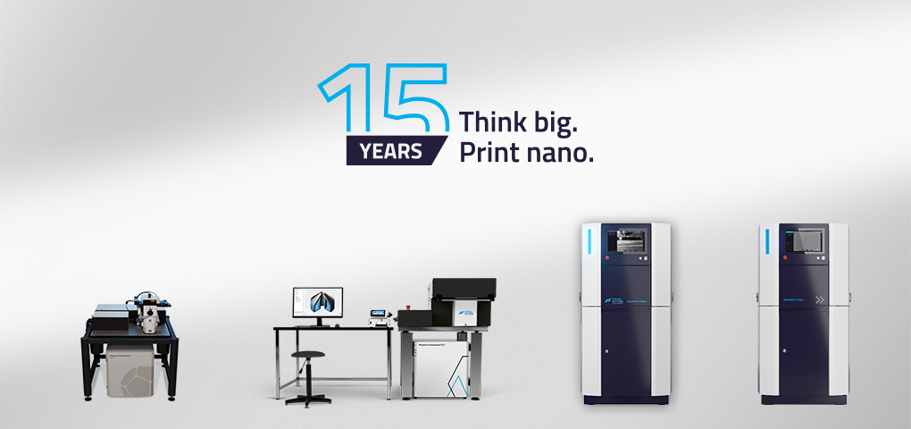 15 years Nanoscribe - product evolution, from Photonic Professional to Photonic Professional GT2, to Quantum X and Quantum X align