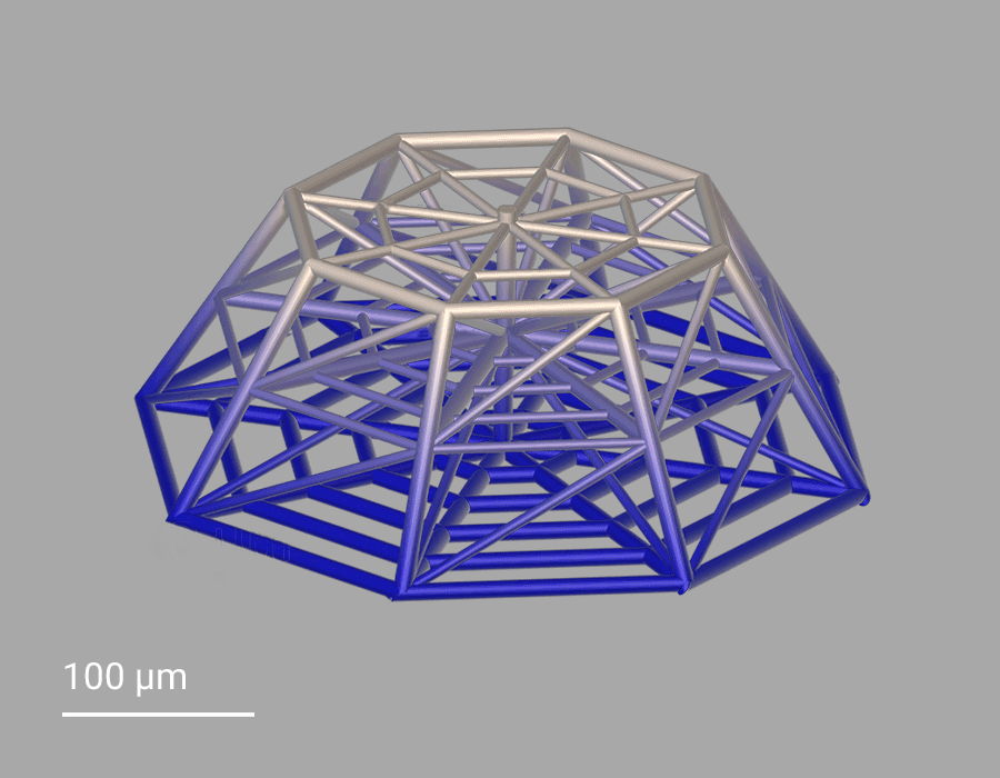 GIF einer Design und REM-Aufnahme des Mikrogerüsts 3D-gedruckt mit Nanoscribes Zwei-Photonen-Polymerisation
