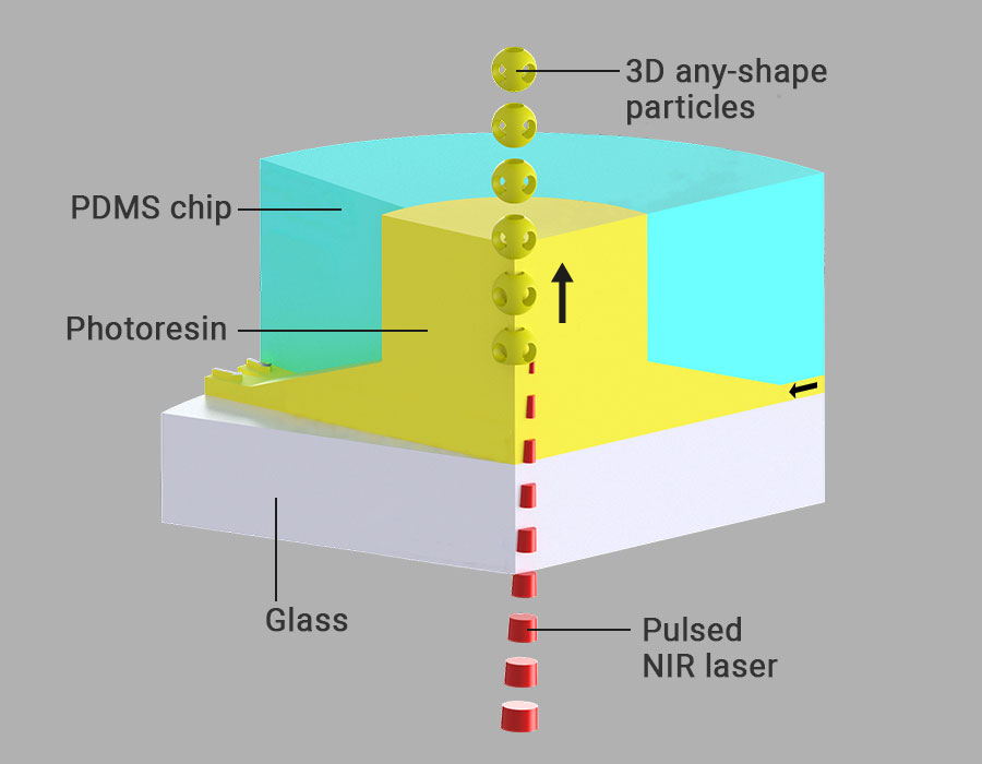 Die Grafik veranschaulicht das 2PP-basierte Druckverfahren im Strömungskanal. Ein Laserfokus wird in einer xy-Ebene gescannt, während das flüssige Fotopolymer in z-Richtung fließt und die gedruckten Partikel transportiert. Der einzelne Druckprozess wiederholt sich Partikel für Partikel. 