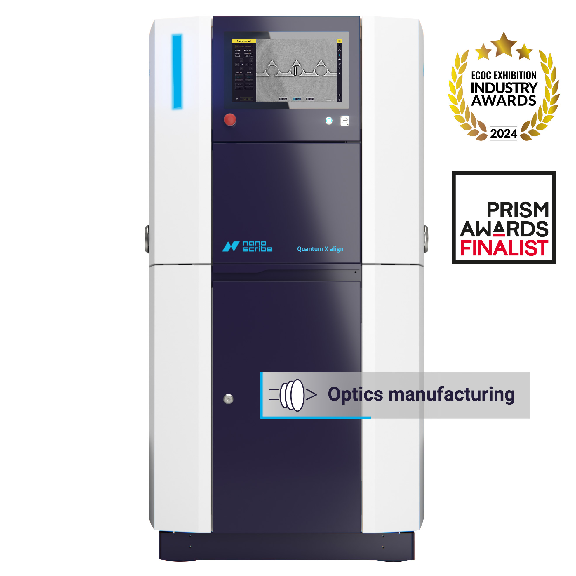 front view of our Quantum X shape aligned 2 photon lithography with main application