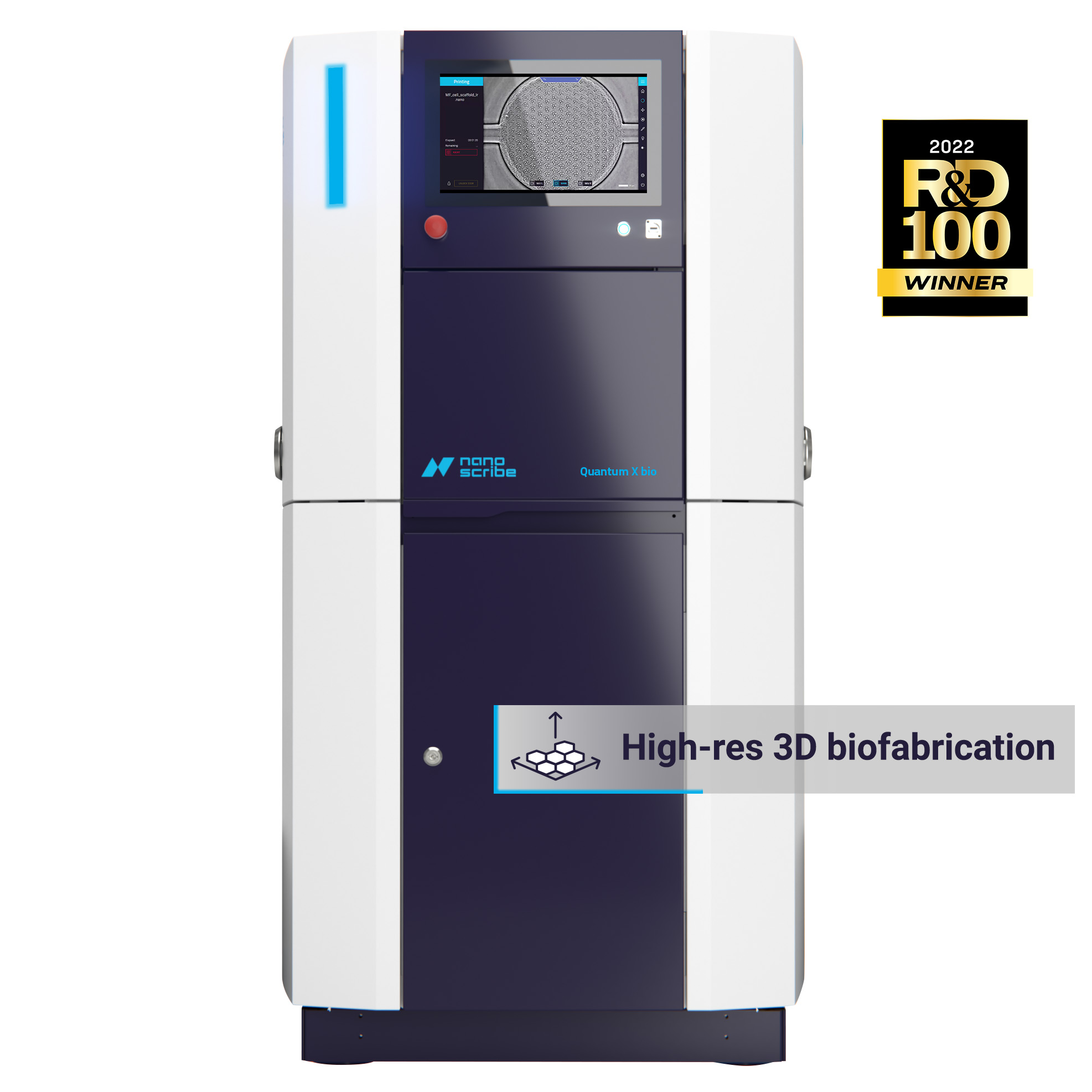front view of our Quantum X shape high resolution 3d bioprinter with main application
