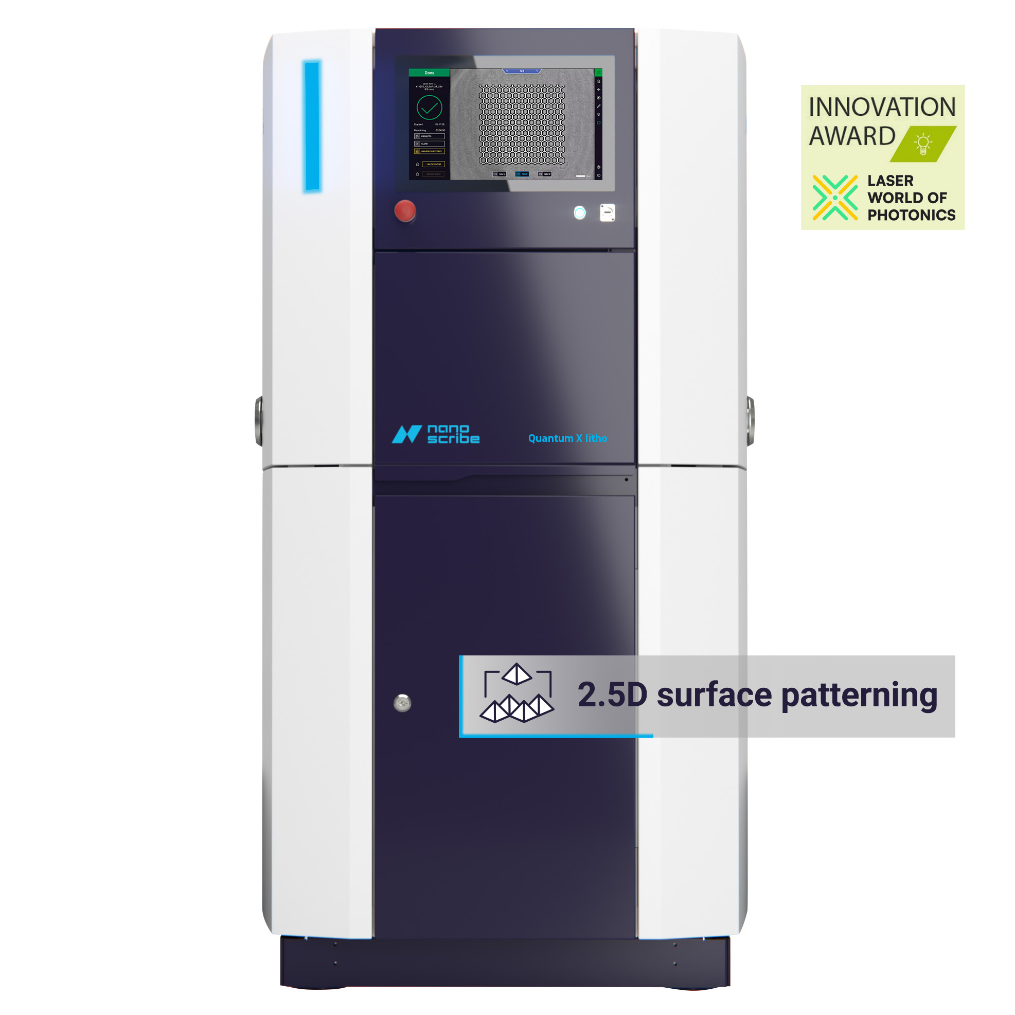 front view of Nanoscribes Quantum X litho two photon grayscale lithography with main application