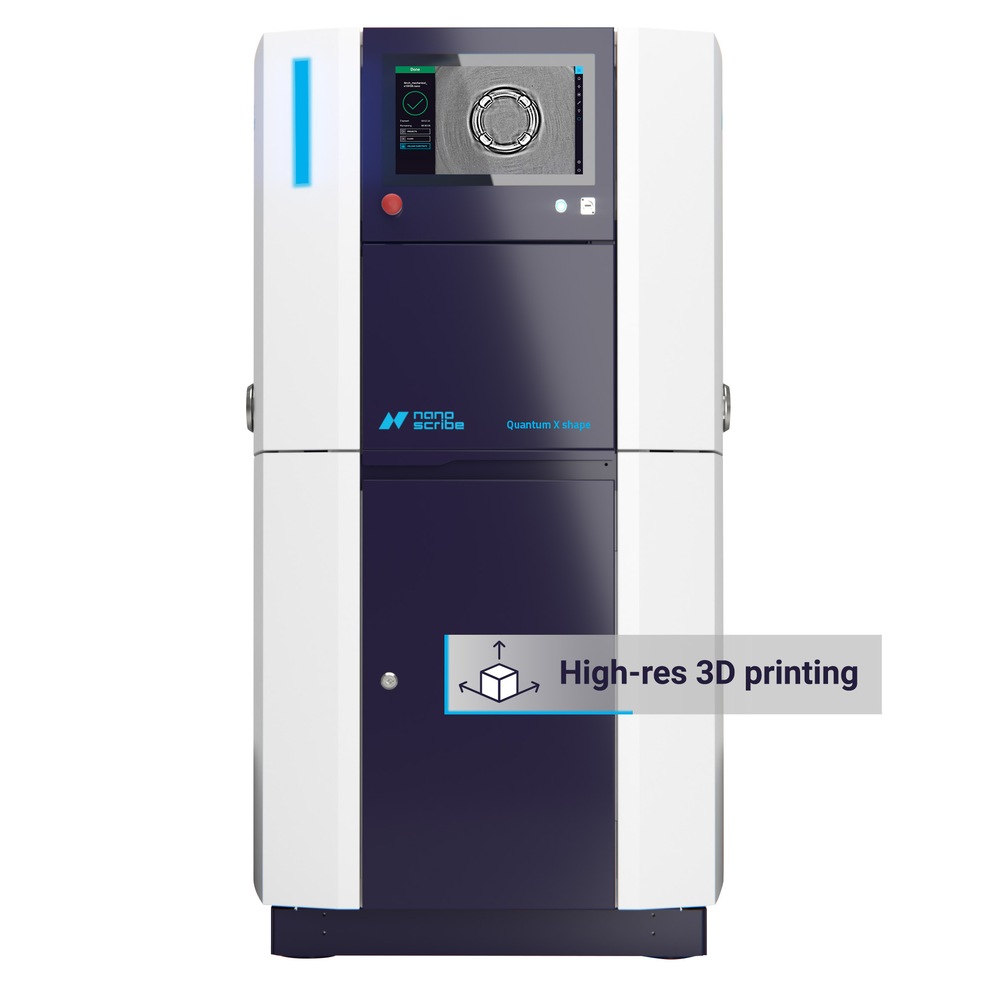 front view of our Quantum X shape high resolution 3d printer with main application
