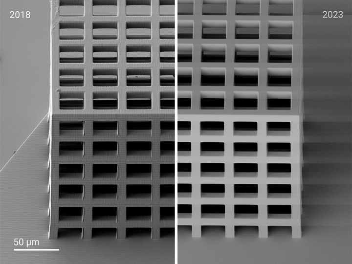 Left: 3D microlattice printed with Photonic Professional GT2 in 2018. Right: The microlattice re-printed with the Quantum X platform in 2023.