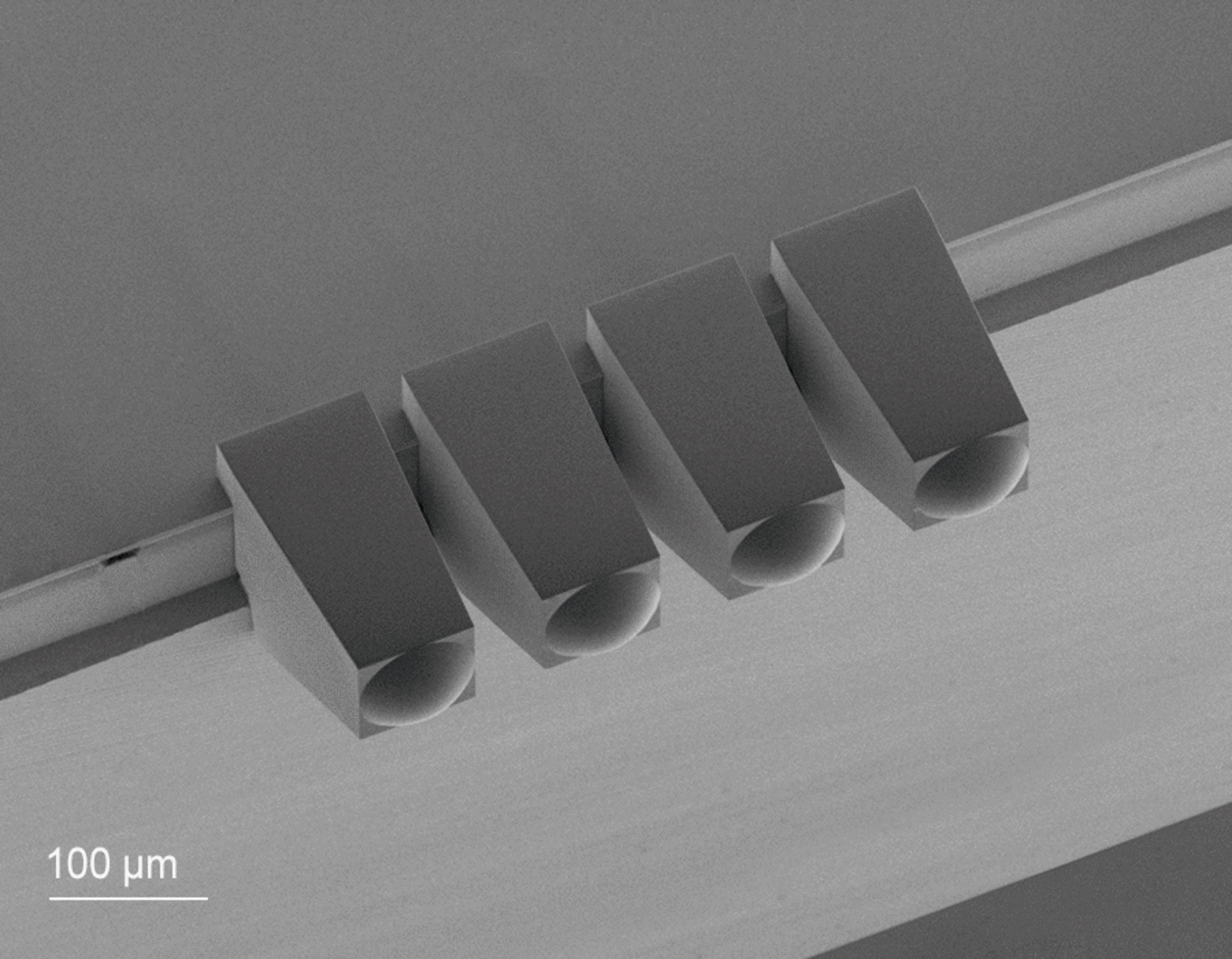 Mode field shaping microoptics aligned and printed with nanometer precision onto the edge of a photonic chip using Quantum X align. 