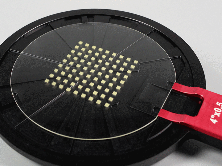 GIF of microneedles printed on a wafer and close-up SEM image