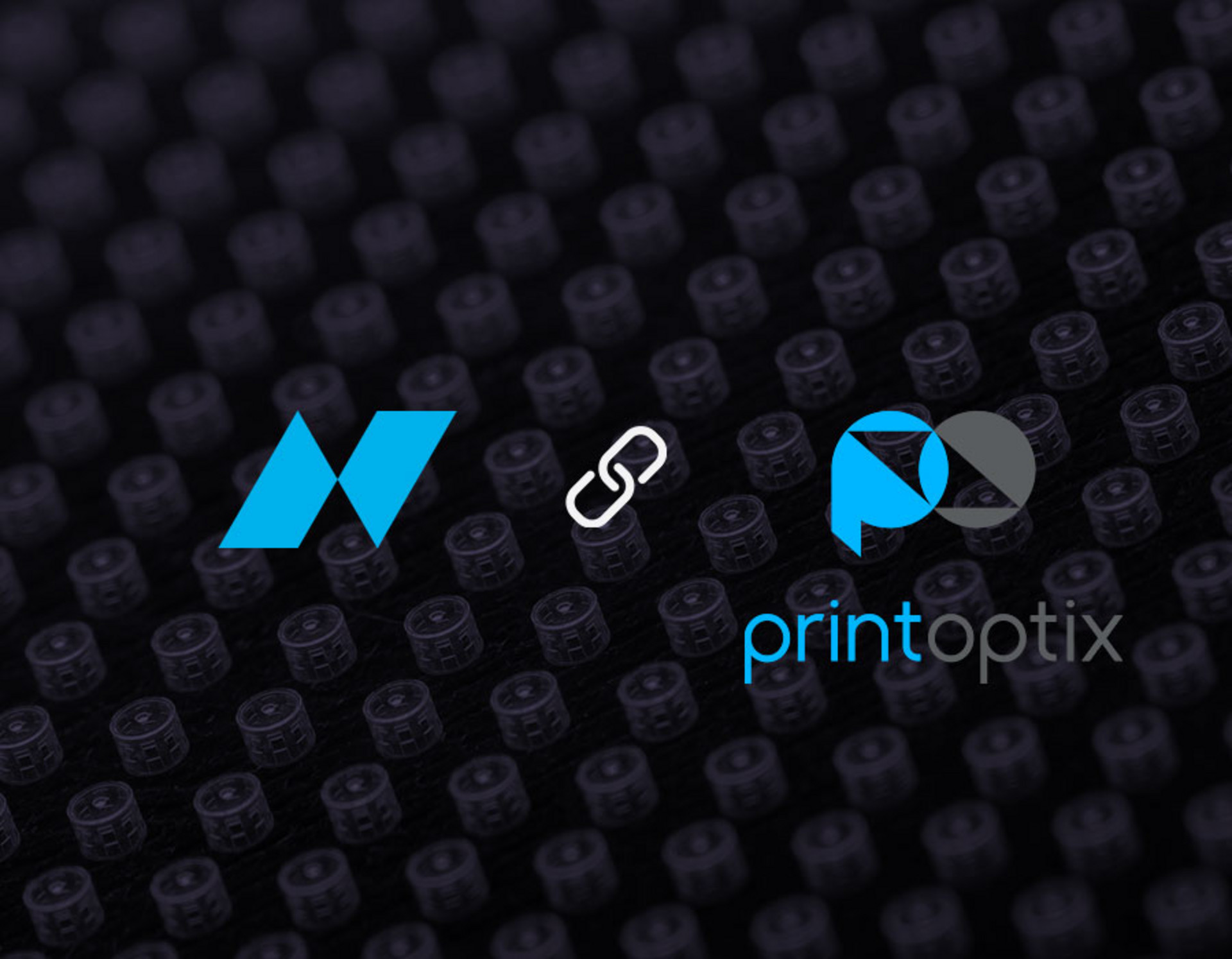 Nanoscribe and Printoptix logos with rows of imaging objectives in the background