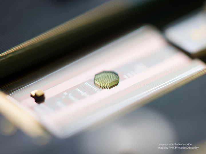 Microlens array printed with nanoprecision alignment on a photonic chip onto a grating coupler
