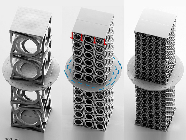 Metamaterial crystal that responds to compression with a twisting motion
