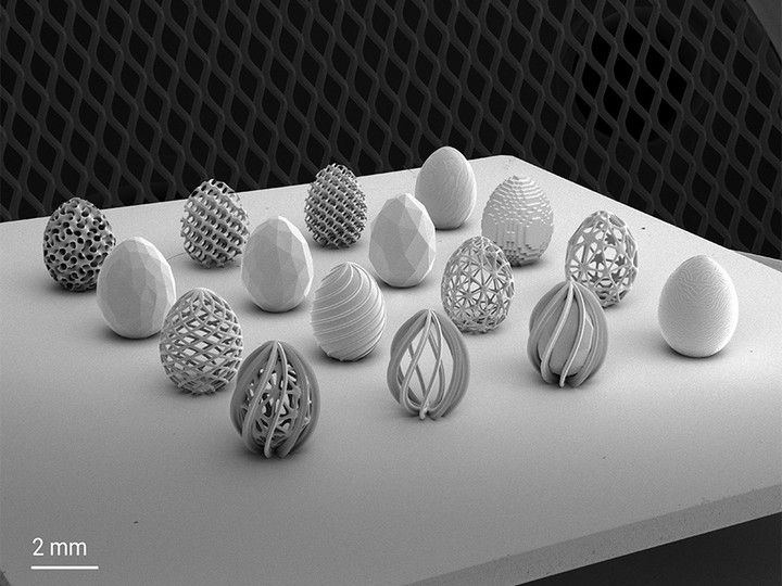 16 easter eggs in a microscale each with a different structure or surface.