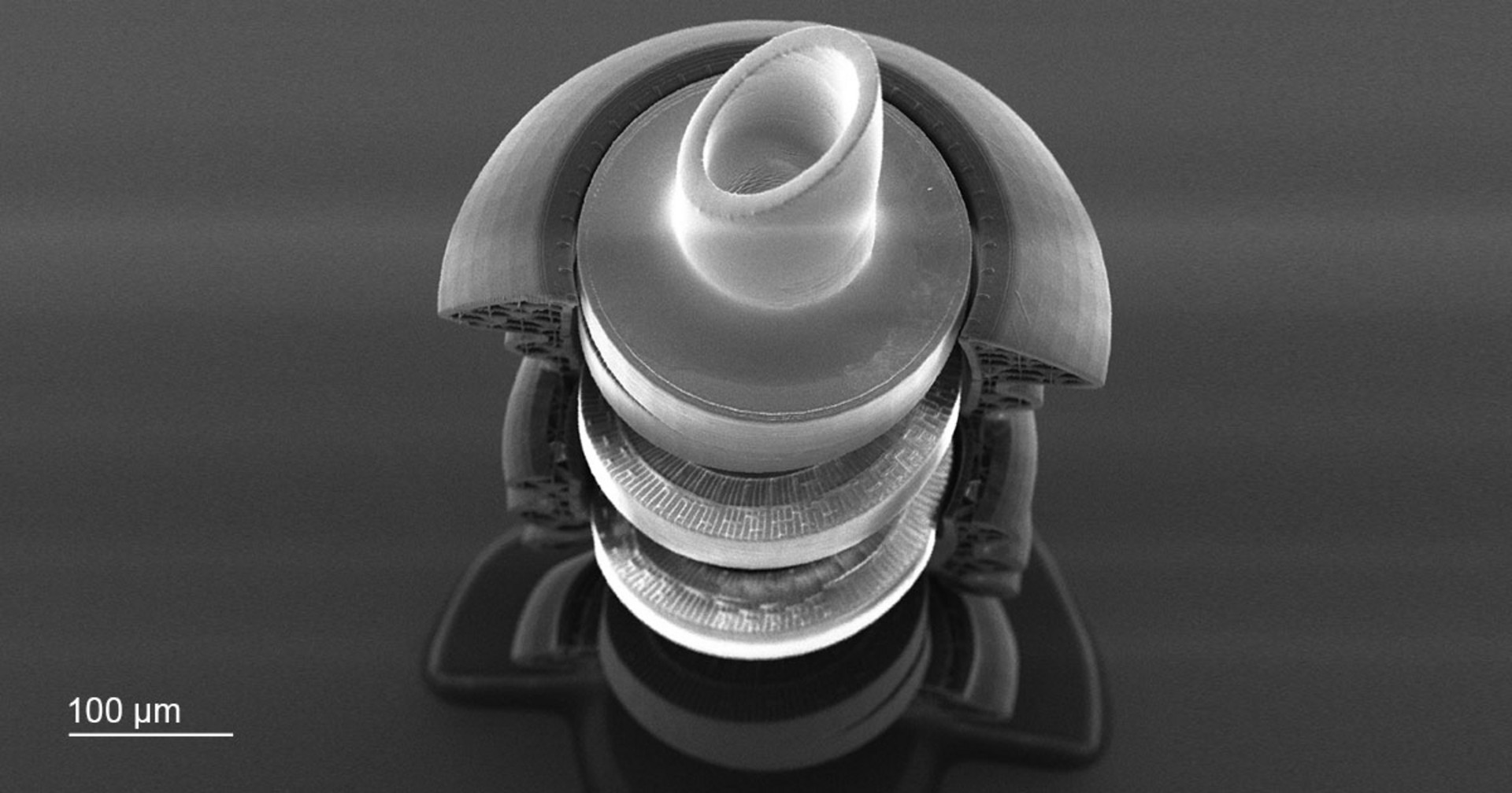 3D-gedrucktes Mikroventil, hergestellt mit Hilfe eines Nanoscribe 3D-Druckers zur Behandlung von Glaukom.