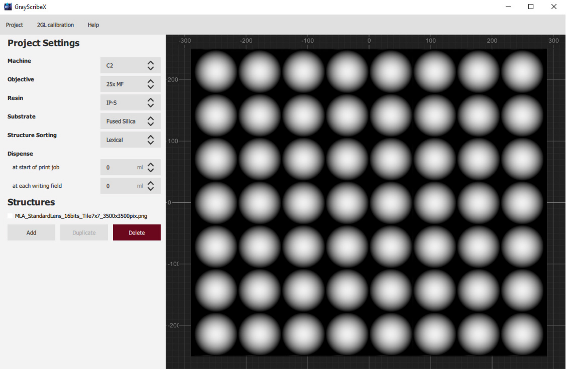 GrayScribeX screenshot which displays four micro-optics designs.