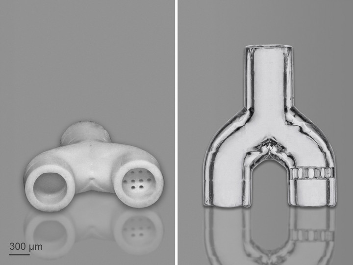 Green part of a microfluidics Y connector with integrated filter structures (left) and corresponding sintered glass structure (right).