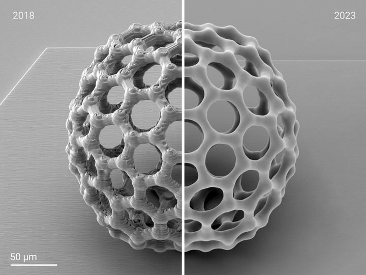 Left: Buckyball 3D-printed with Photonic Professional GT2 in 2018. Right: The same buckyball 3D-printed with the Quantum X platform in 2023.