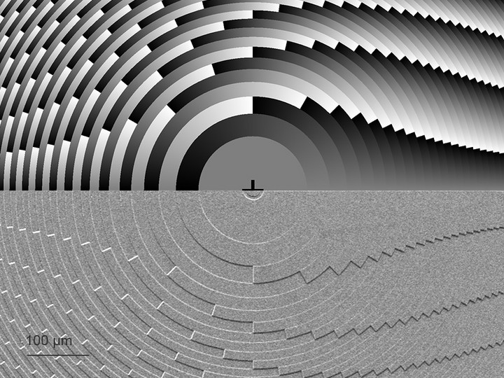 Grayscale design and print of a moiré lens. These diffractive lenses can be used to adjust the focus length