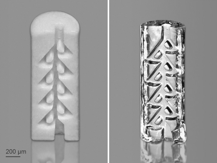 Green part of a Tesla valve (left) and corresponding sintered glass structure (right)