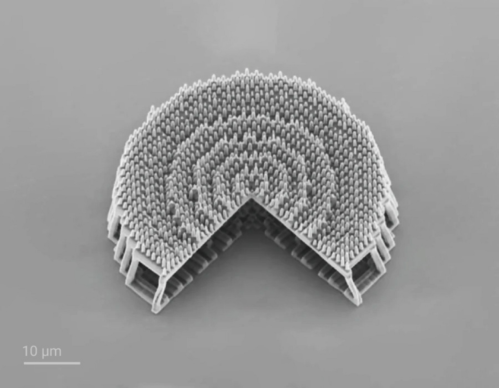 SEM image of an air-spaced hybrid achromatic metalens (HAML) fabricated using Two-Photon Polymerization