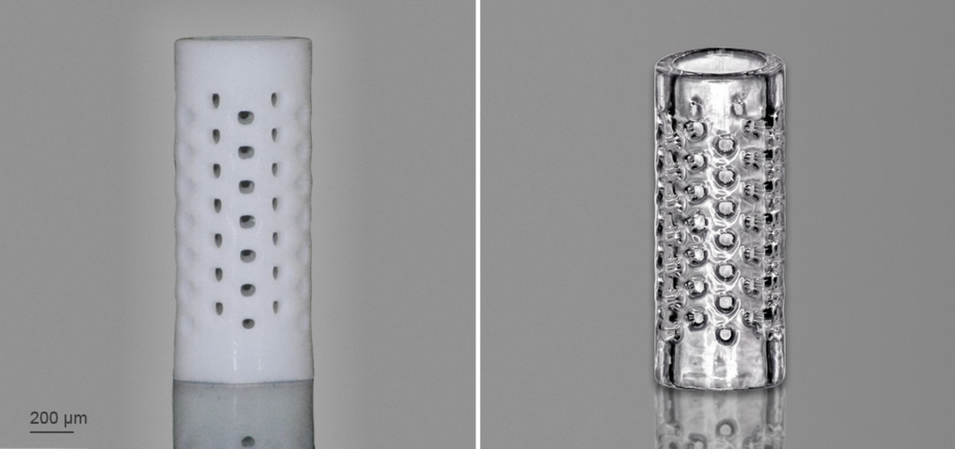 Green part of a 3D-printed filter tube (left) and corresponding filter tube after the sintering process (right)