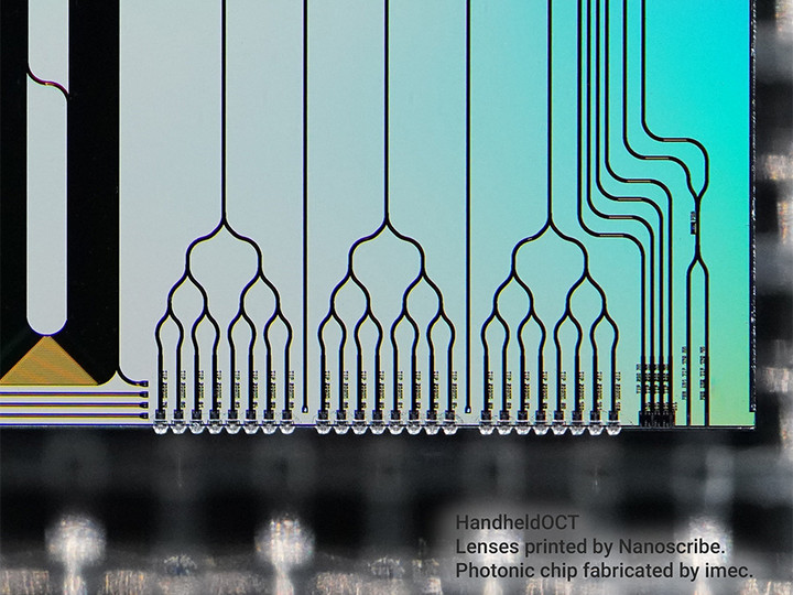 Close-up view of the 3D-printed vertical coupler on the edge of a silicon nitride photonic integrated circuit (PIC)