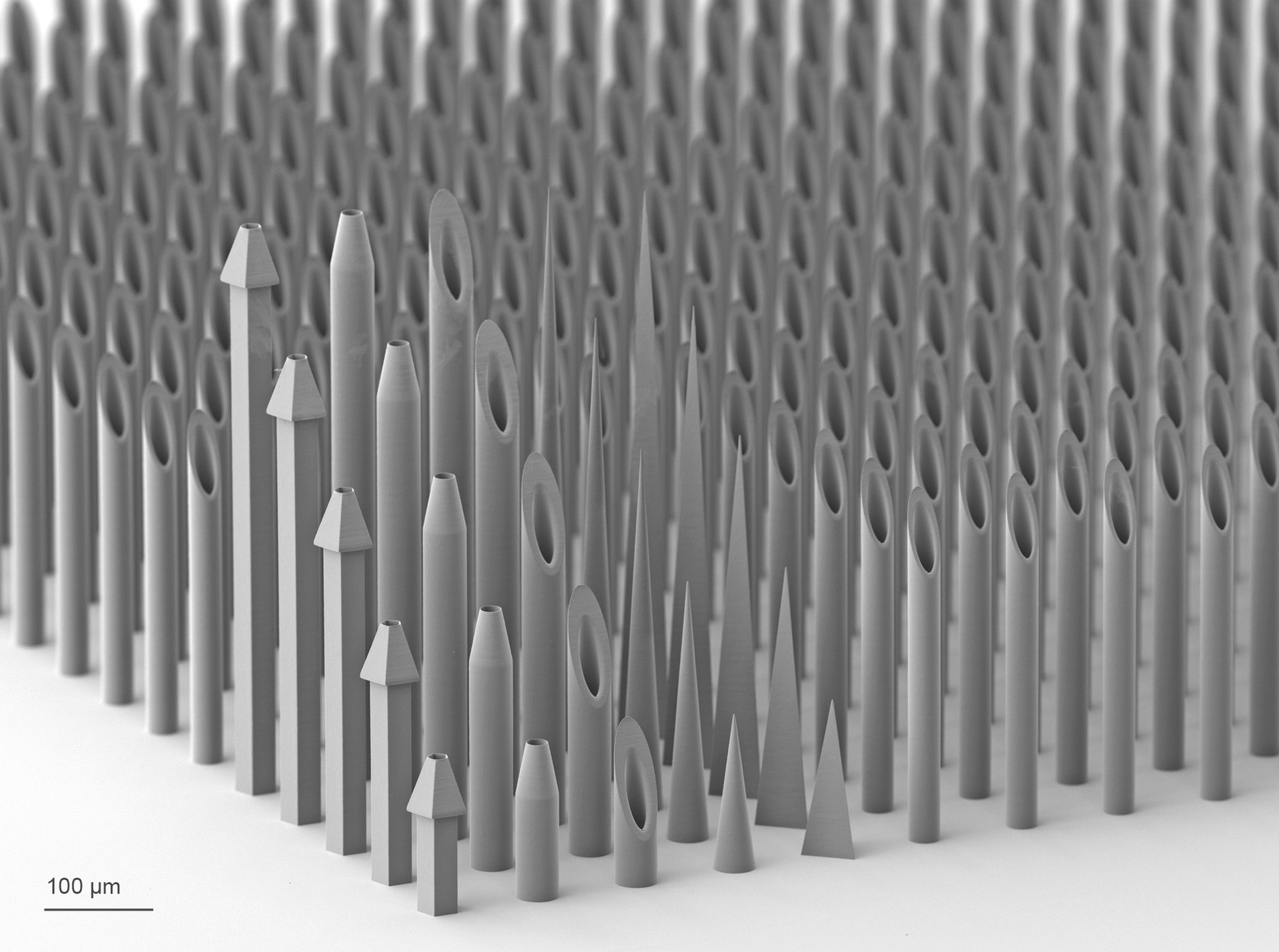 使用Nanoscribe微纳加工技术制作的3D微针，轻松实现具有高纵横比，形状精度和锋利边缘的不同设计变化。
