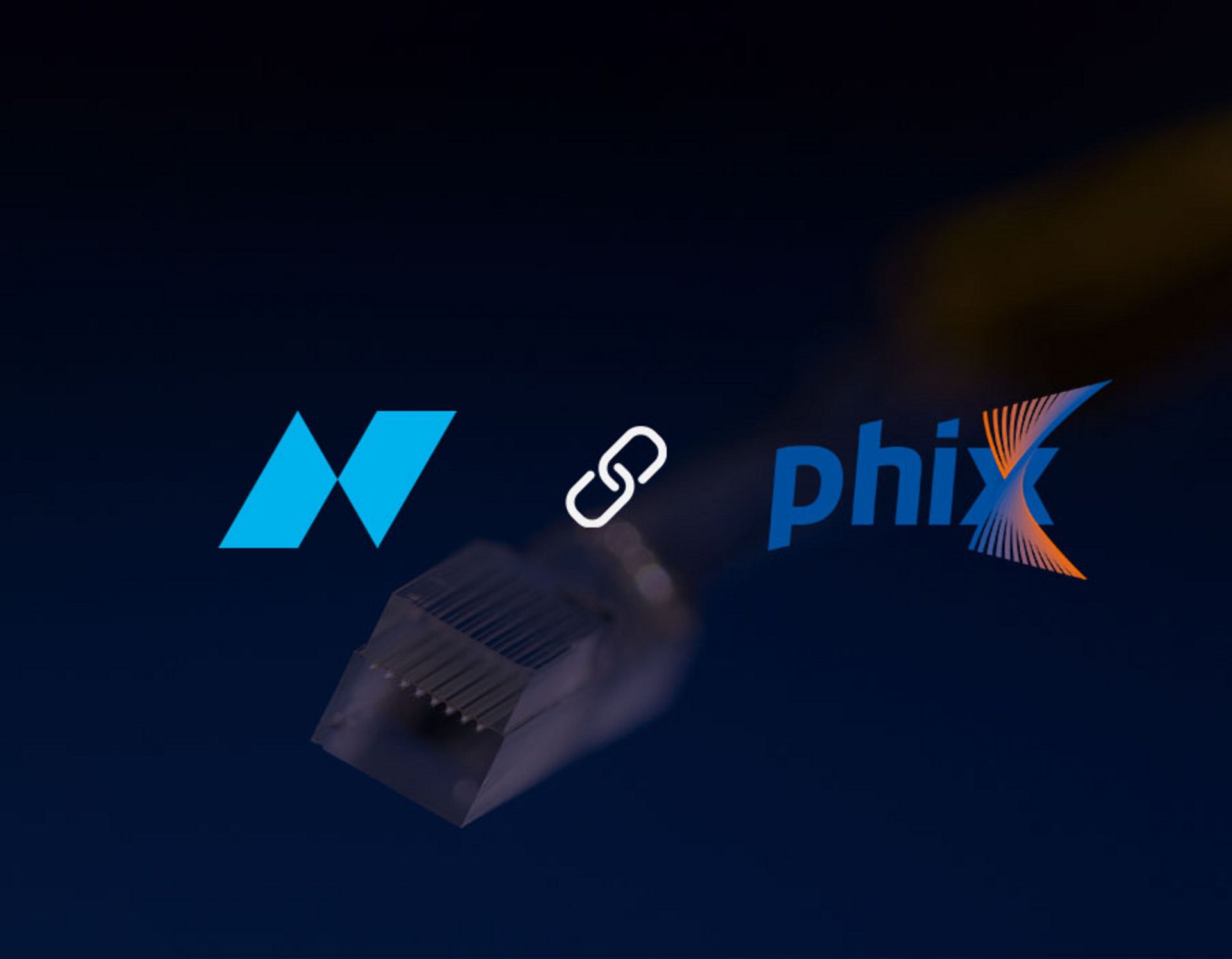 Logos of PHIX and Nanoscribe with fiber array in the background