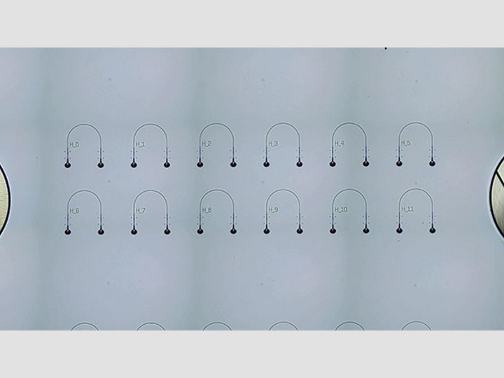 Microscope image of a silicon nitride PIC coupled via focusing TIR micro-optics