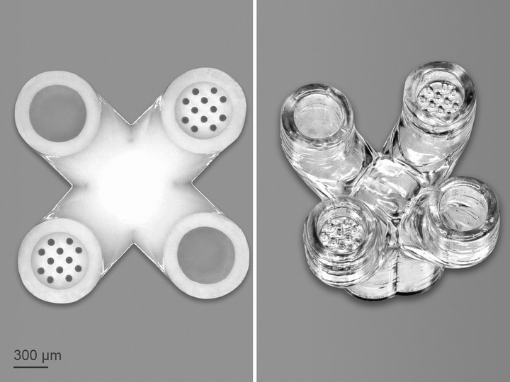 Green part of a complex microfluidic multi-connector (left) and corresponding sintered glass structure (right).