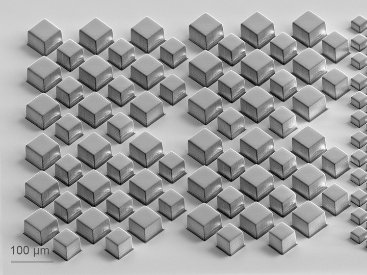 Close-up view of IP-PDMS printed cuboids.